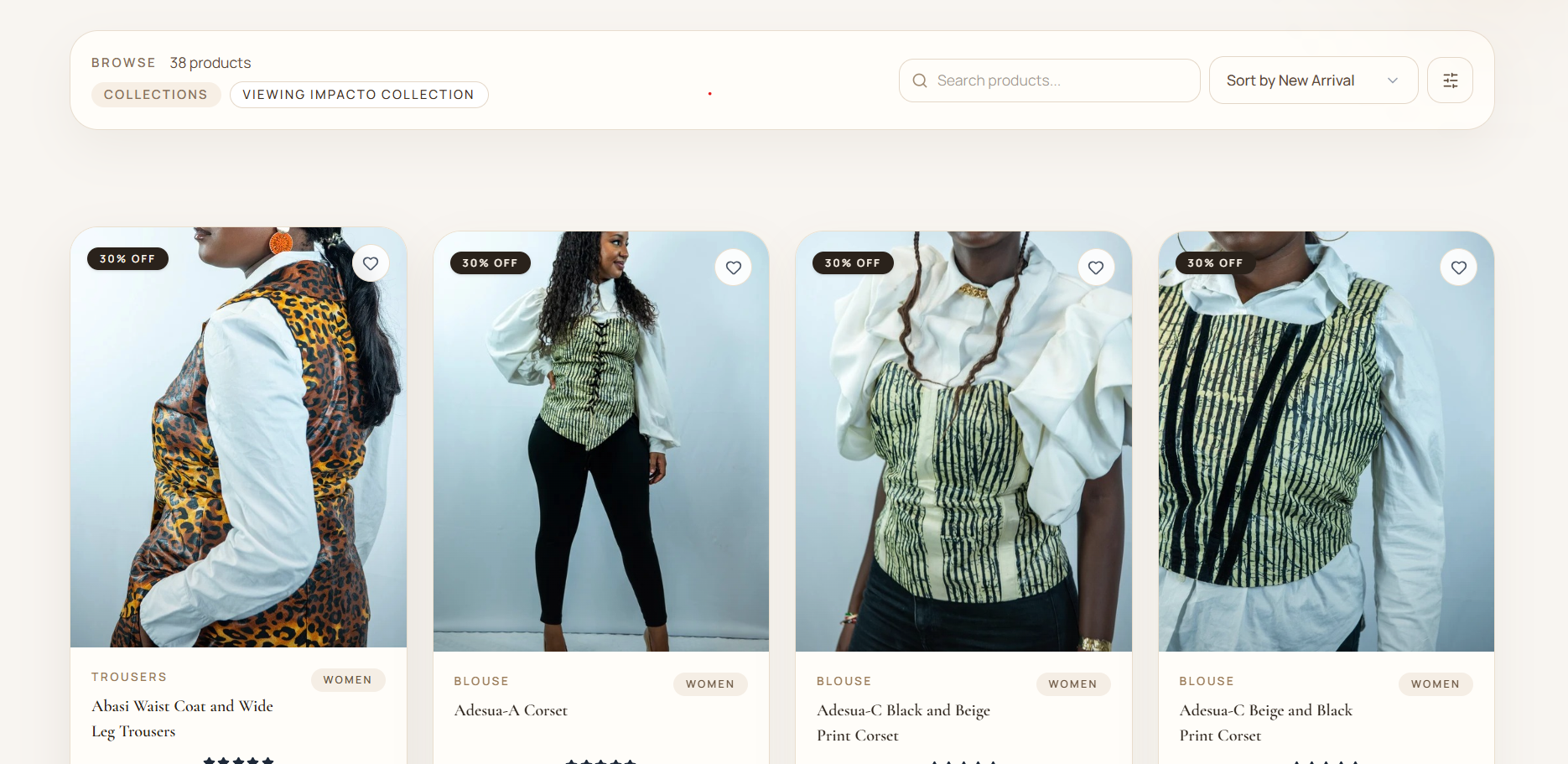 Ashornels curated collections: Collection browsing with product search, sorting, and filters.