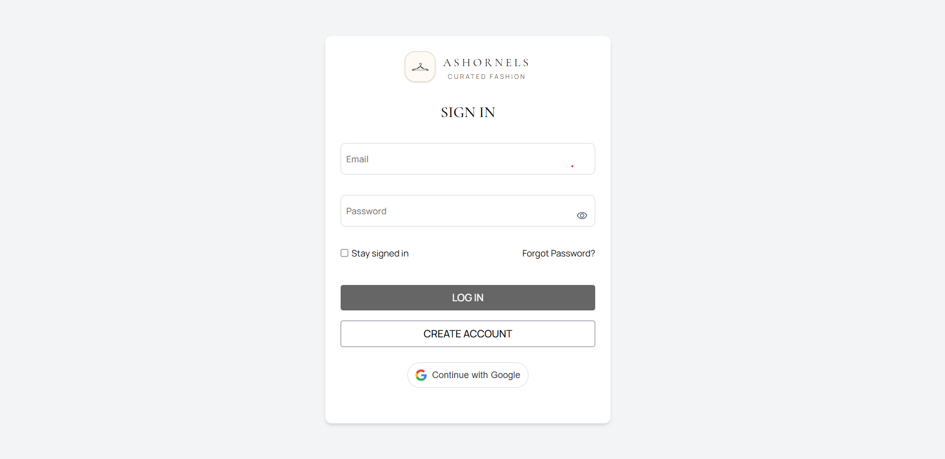 Ashornels customer accounts: Sign in, create an account, or continue with Google.