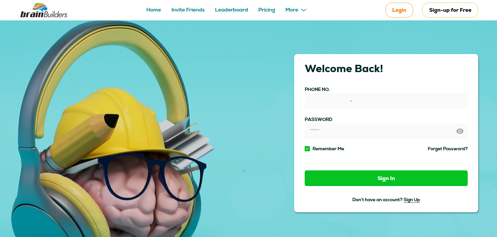 Brain Builders welcome back: Learners access their accounts with phone number and password sign-in.
