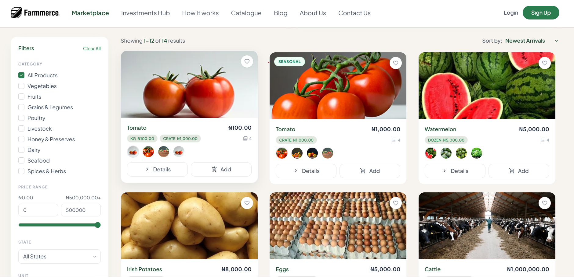 Farmmerce: Browse produce with category, price, and location filters.