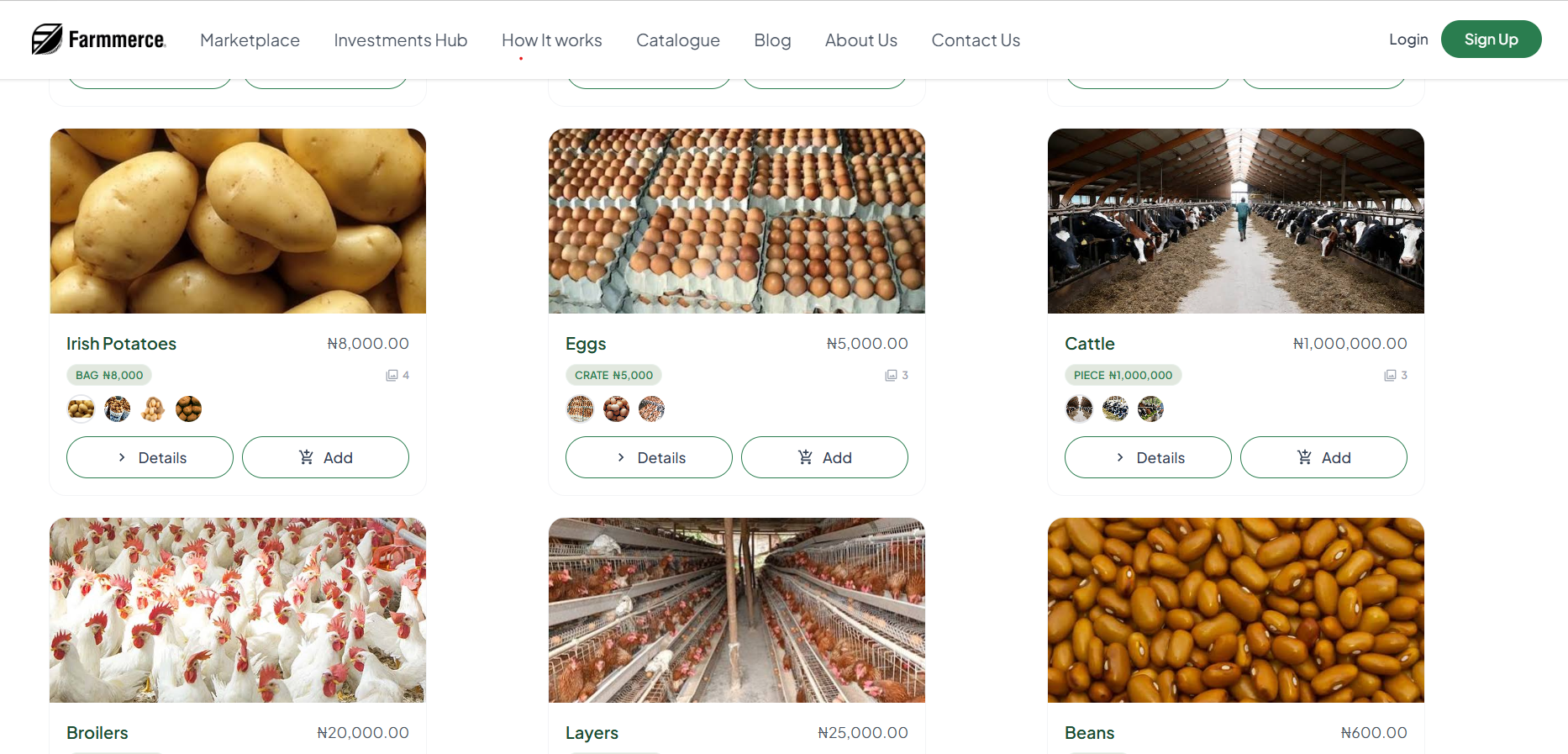 Farmmerce from farms to buyers: Product listings bring produce, poultry, and livestock together with prices and purchase options.